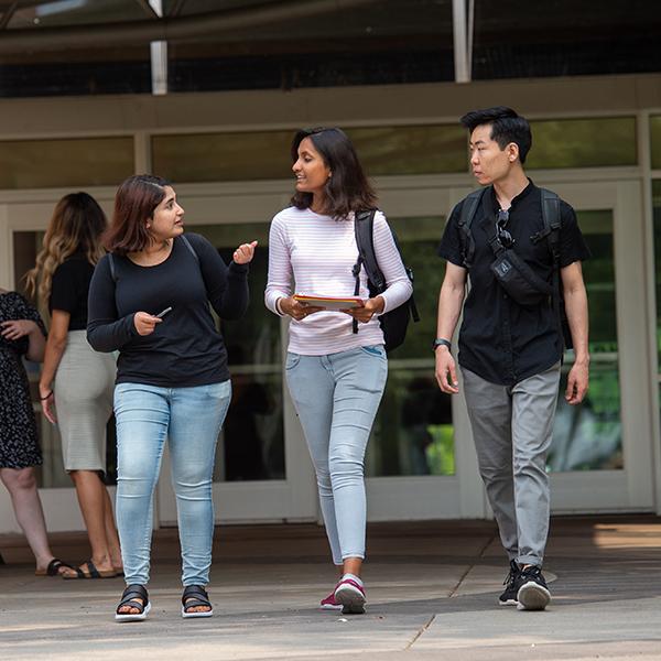 Students walking out of library